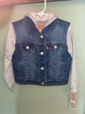 Toddler Levi's Blue Denim Jacket with Light Gray Hoodie and Sleeves
